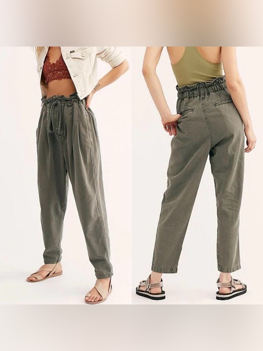 Free People boho Margate Trousers Pants paper bag tie waist Kelp Green large